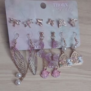 Y2K Fairycore Earrings Set Gold Pink Dragonfly Flowers Snail Mice Earrings
